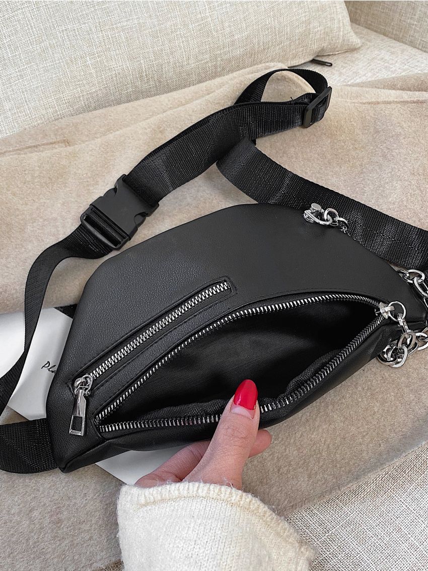 Chain Decor Double Zip Front Fanny Pack