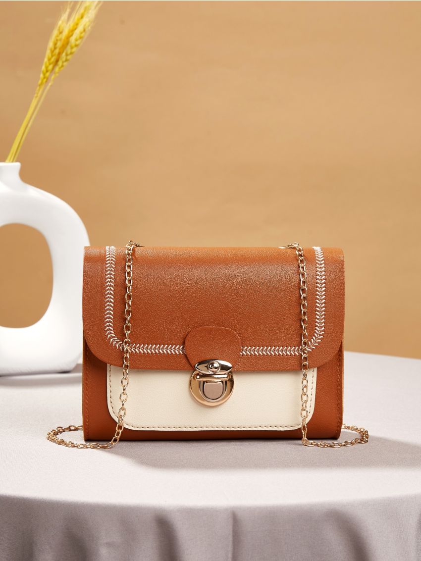 Mini Stitch Trim Color Block Push Lock Chain Bag