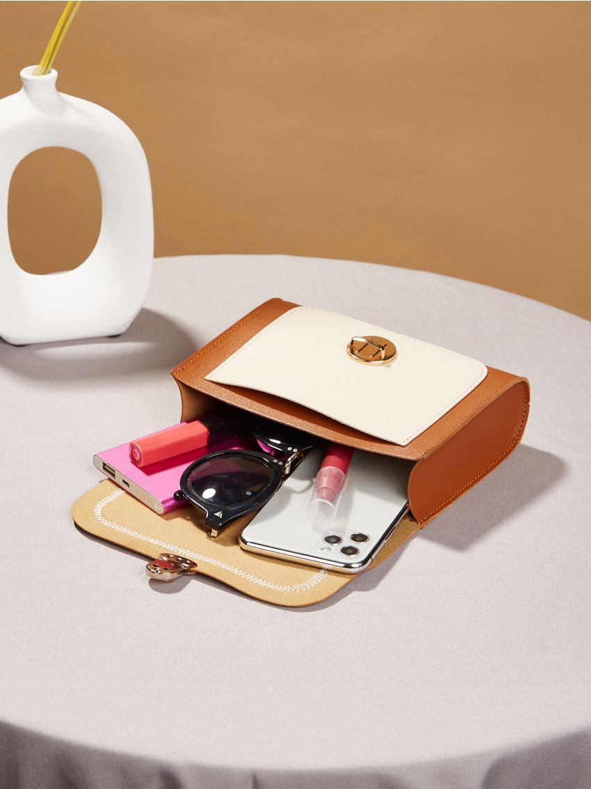 Mini Stitch Trim Color Block Push Lock Chain Bag