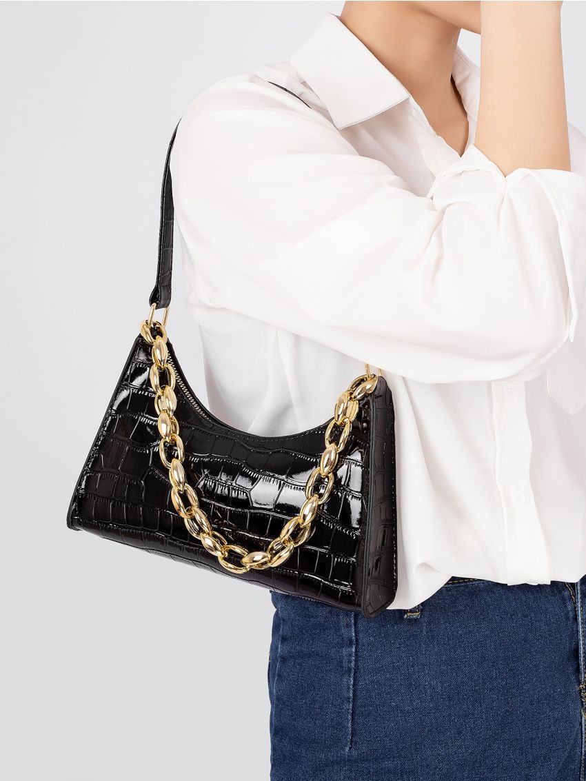 Croc Embossed Chain Shoulder Bag