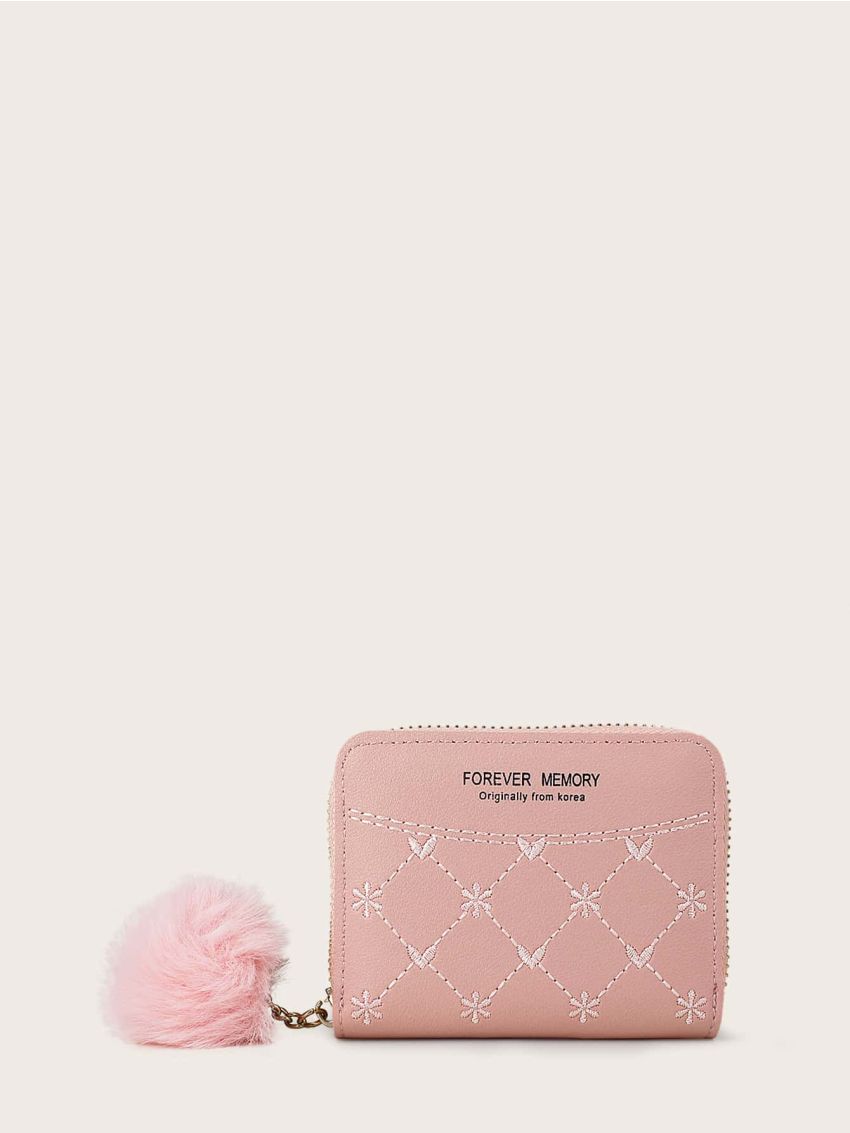 Pom Pom Charm Letter Graphic Small Wallet