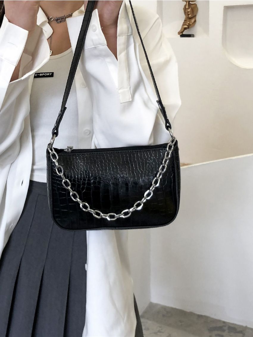 Chain Decor Croc Embossed Baguette Bag