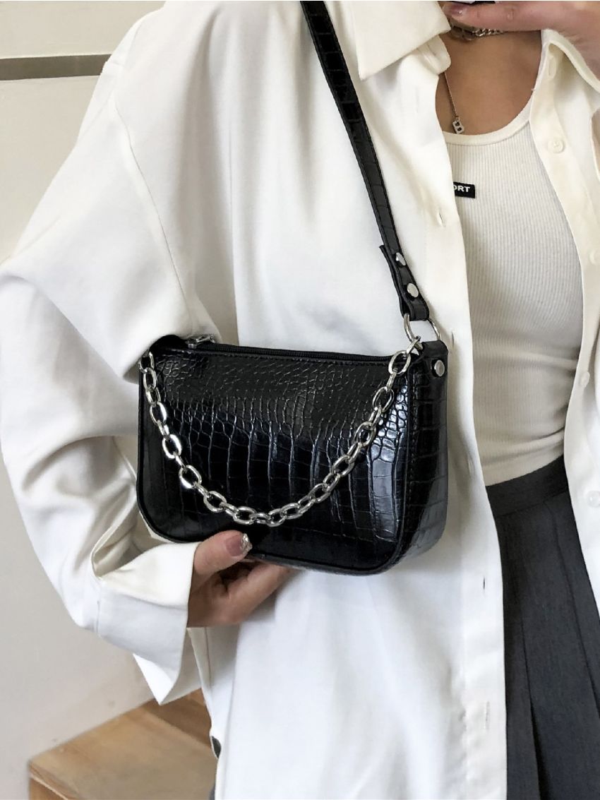 Chain Decor Croc Embossed Baguette Bag
