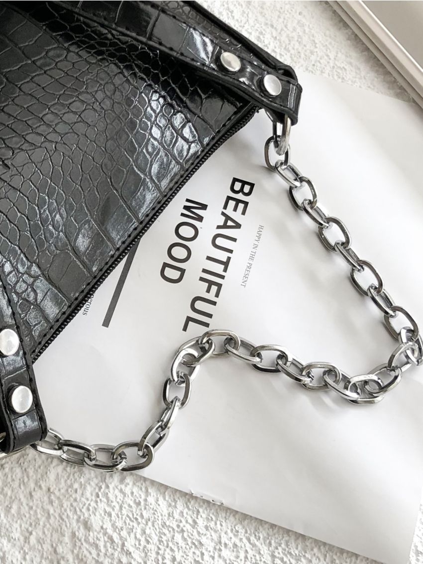 Chain Decor Croc Embossed Baguette Bag