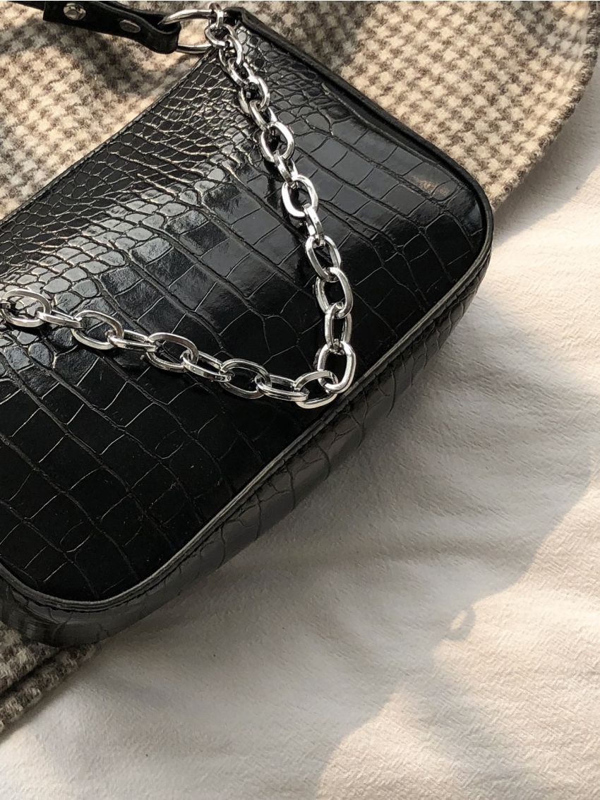 Chain Decor Croc Embossed Baguette Bag