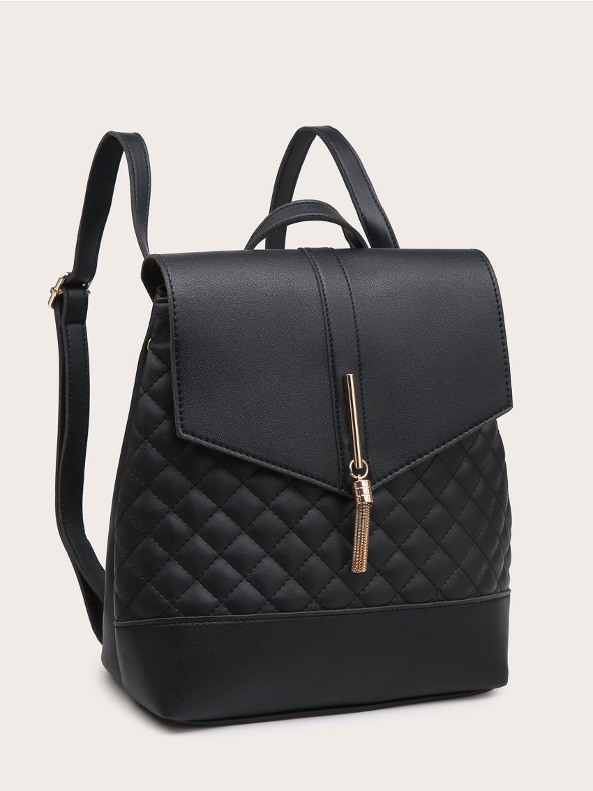 Metal Tassel Charm Quilted Flap Backpack