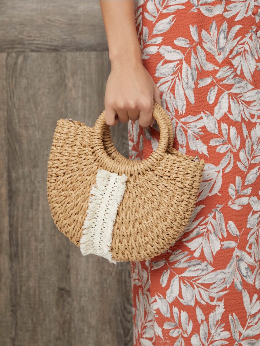 Fringe Decor Straw Satchel Bag