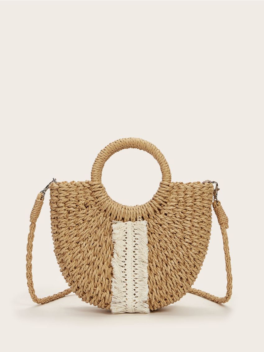 Fringe Decor Straw Satchel Bag