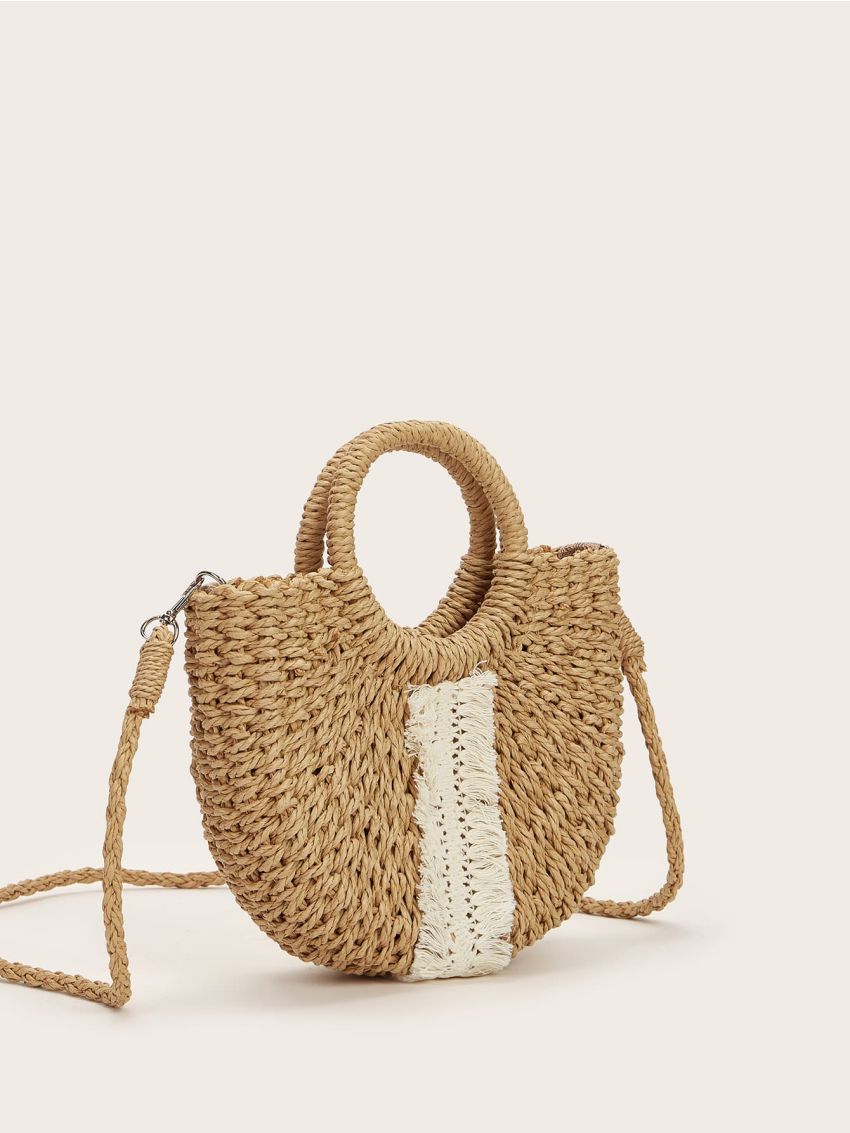 Fringe Decor Straw Satchel Bag