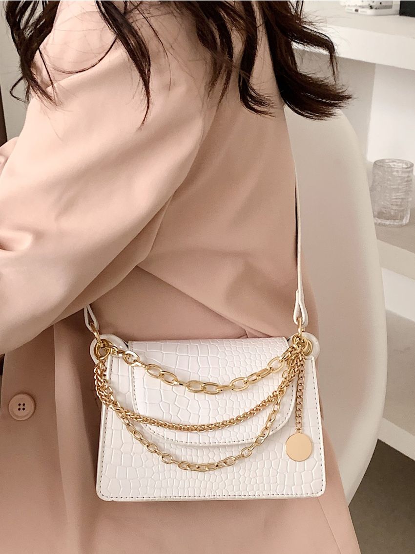 Mini Chain Decor Croc Embossed Crossbody Bag