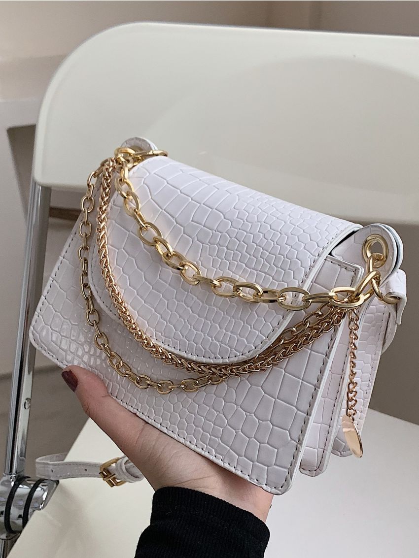Mini Chain Decor Croc Embossed Crossbody Bag