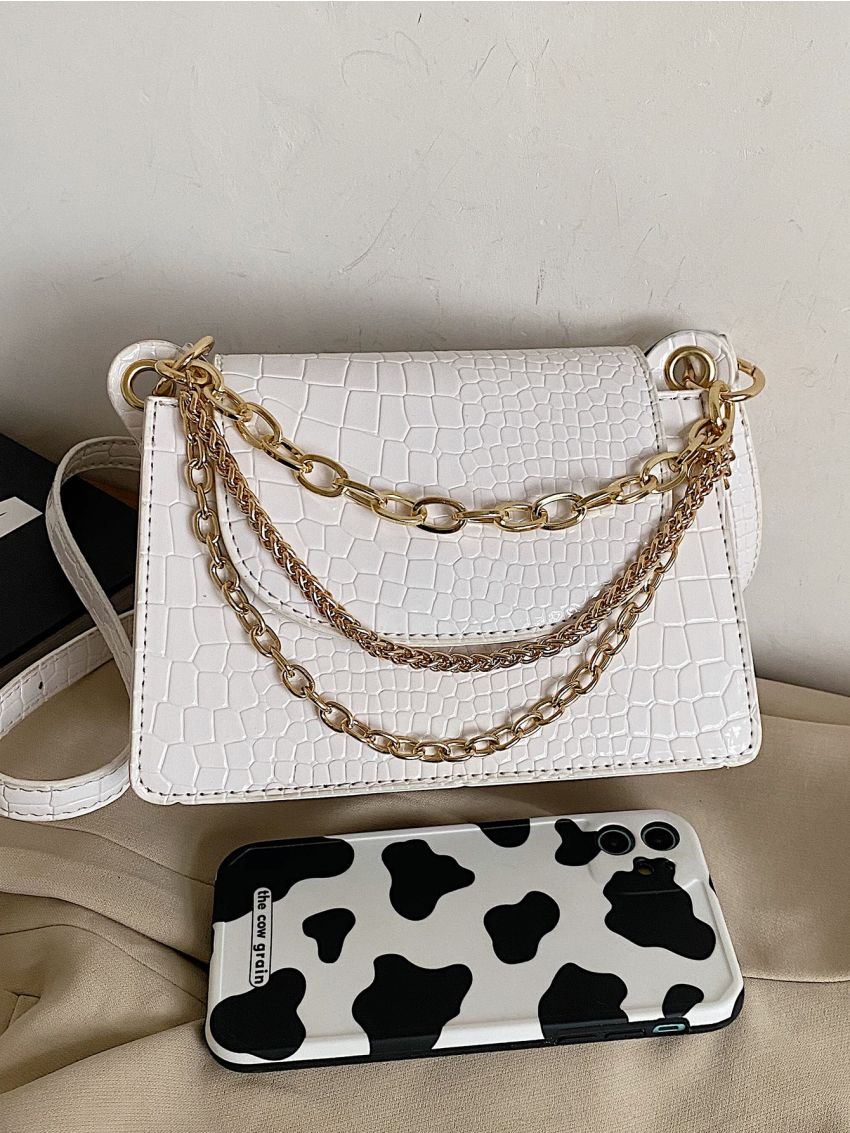 Mini Chain Decor Croc Embossed Crossbody Bag
