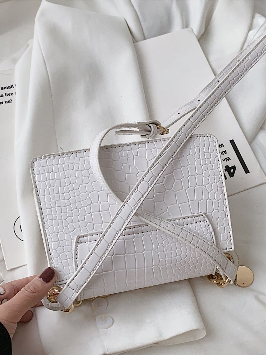 Mini Chain Decor Croc Embossed Crossbody Bag