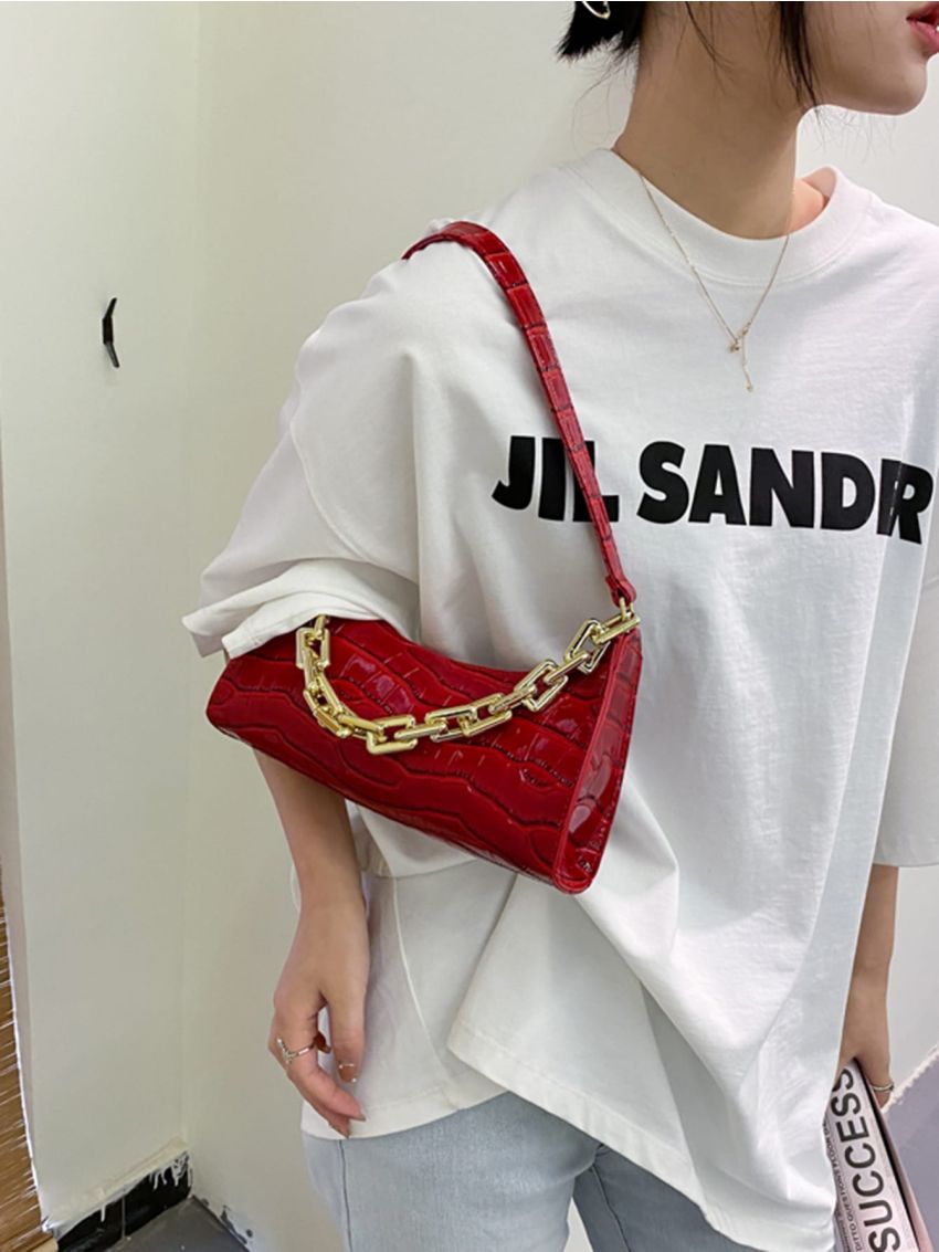 Chain Decor Croc Embossed Shoulder Bag