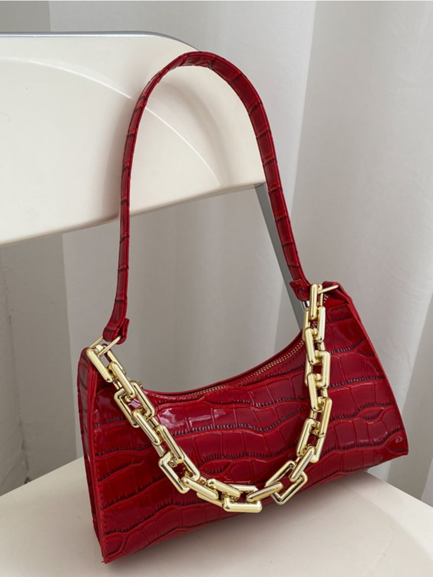 Chain Decor Croc Embossed Shoulder Bag