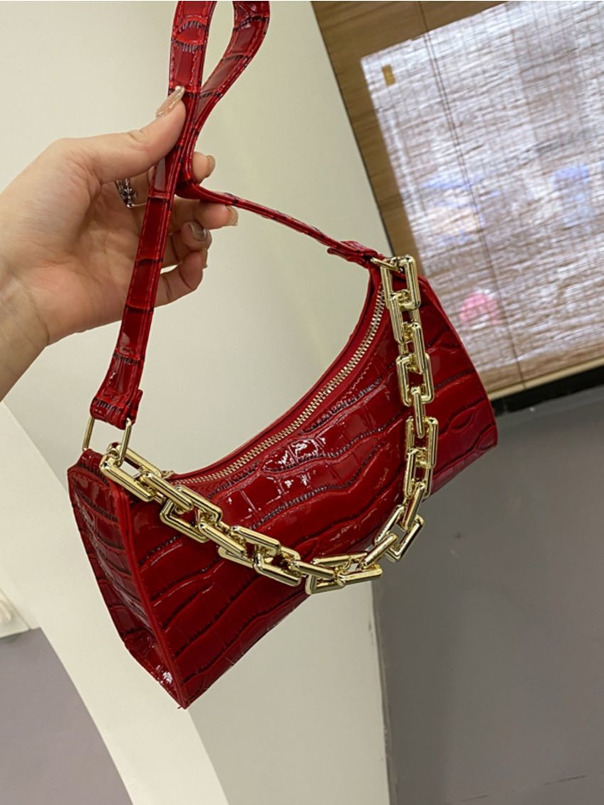 Chain Decor Croc Embossed Shoulder Bag
