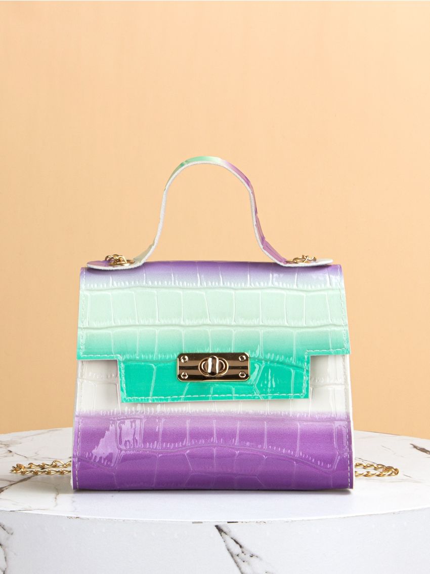 Croc Embossed Twist Lock Satchel Bag