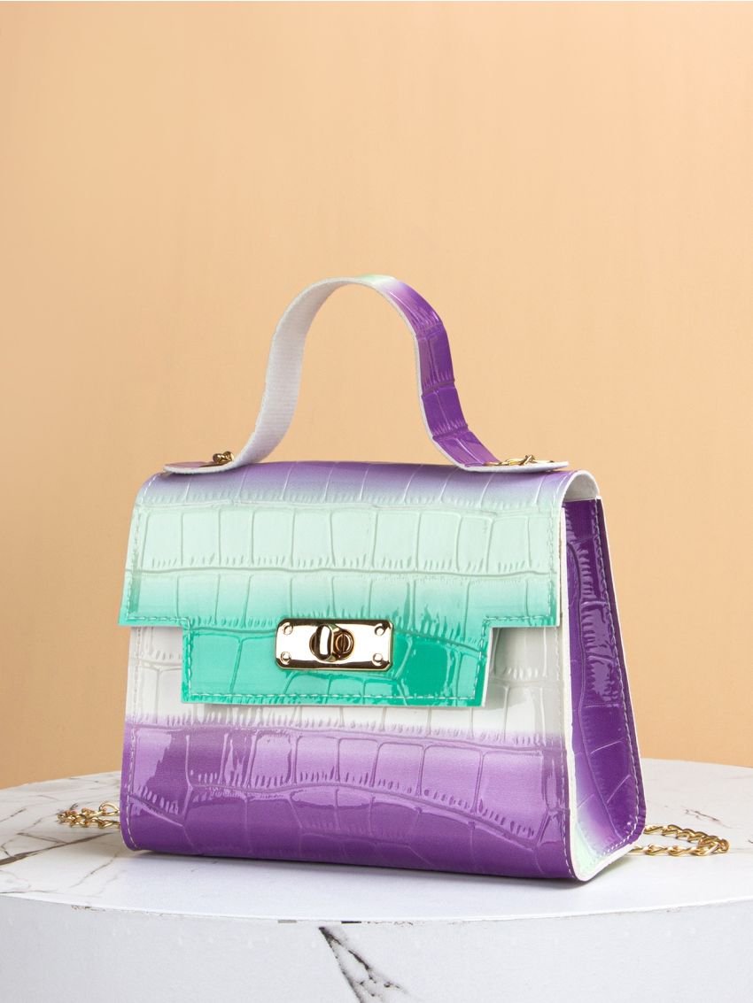 Croc Embossed Twist Lock Satchel Bag