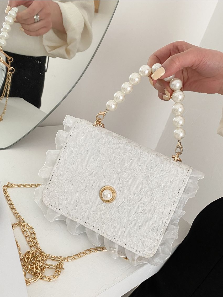 Mini Faux Pearl Beaded Flap Chain Bag
