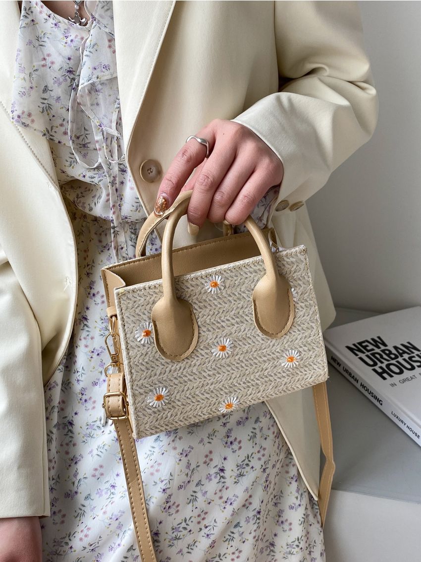 Mini Daisy Embroidered Woven Satchel Bag