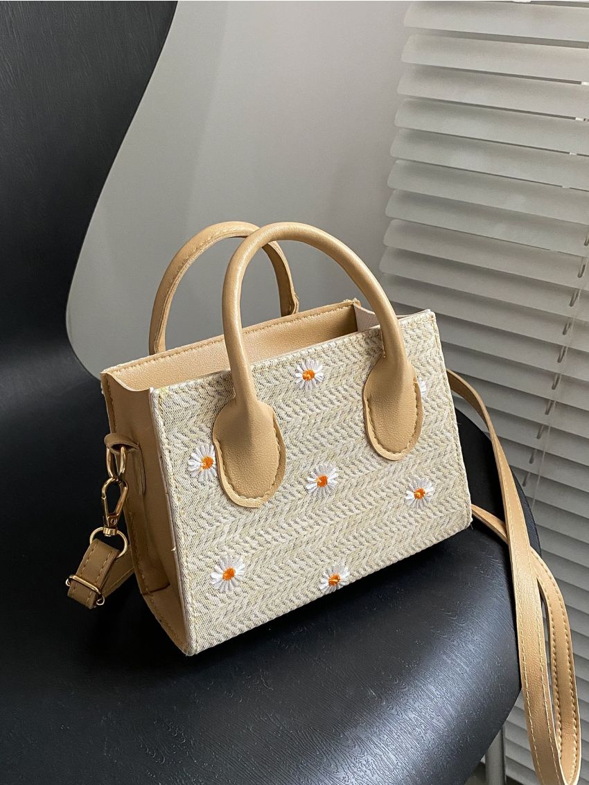 Mini Daisy Embroidered Woven Satchel Bag