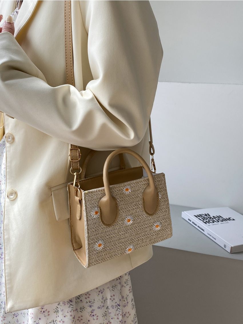 Mini Daisy Embroidered Woven Satchel Bag