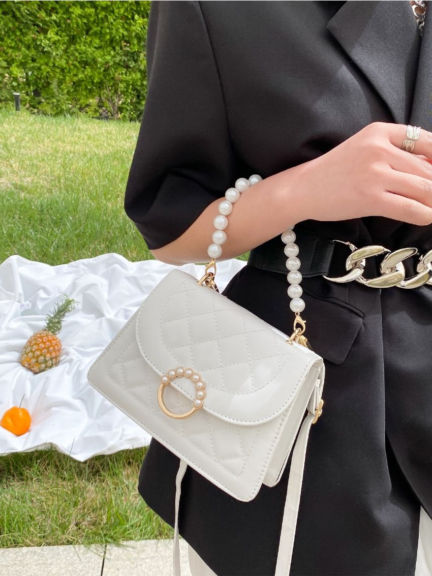 Mini Faux Pearl Decor Quilted Satchel Bag