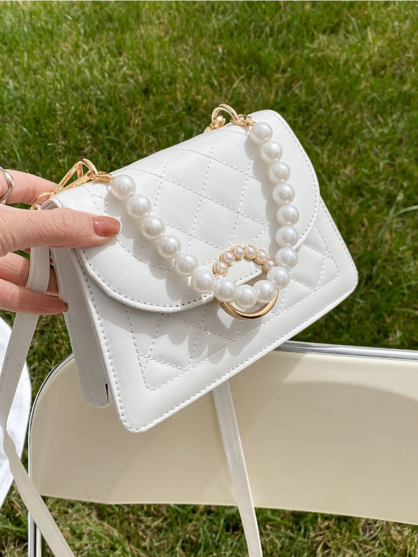 Mini Faux Pearl Decor Quilted Satchel Bag