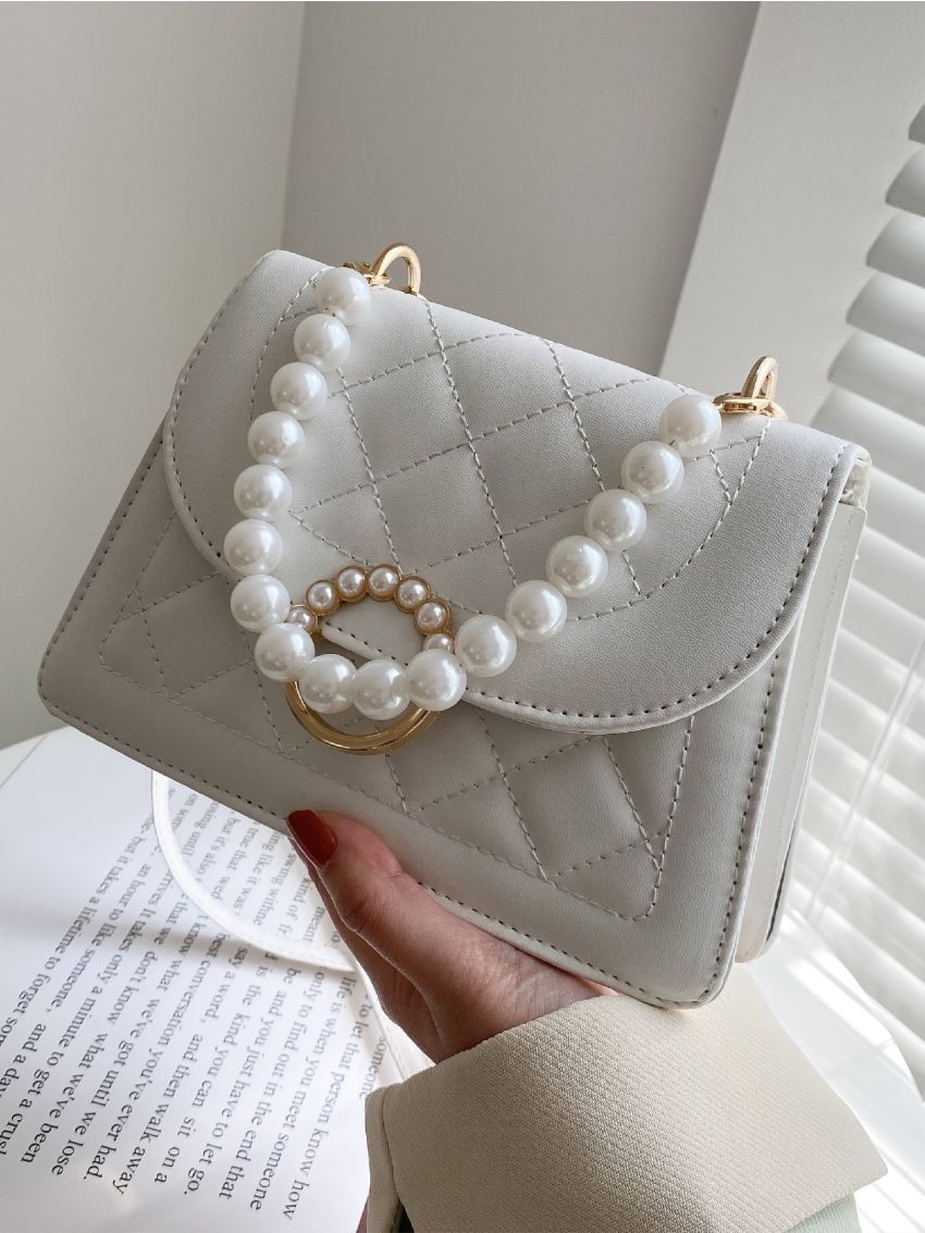 Mini Faux Pearl Decor Quilted Satchel Bag