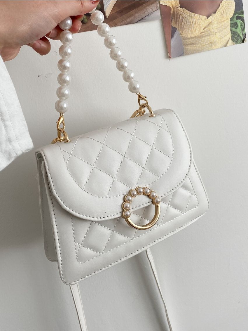 Mini Faux Pearl Decor Quilted Satchel Bag