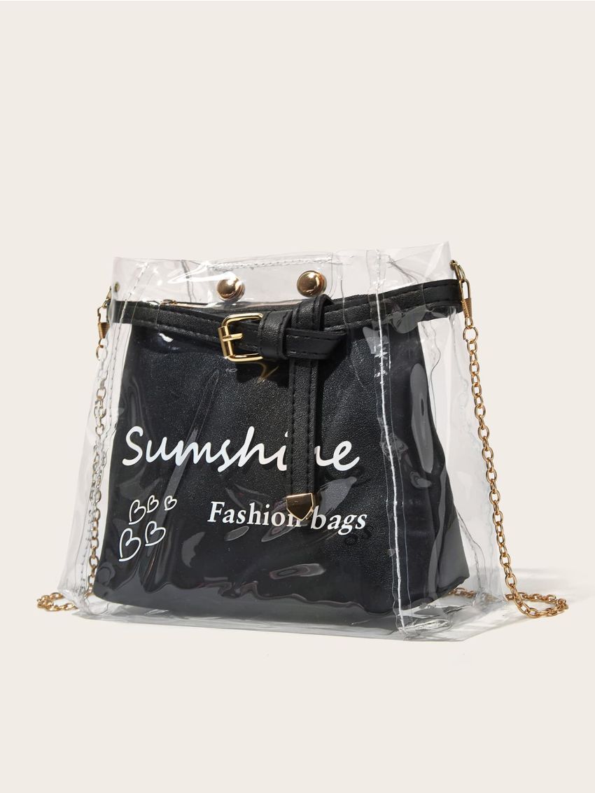 Letter Graphic Buckle Decor Chain Bag With Inner Pouch