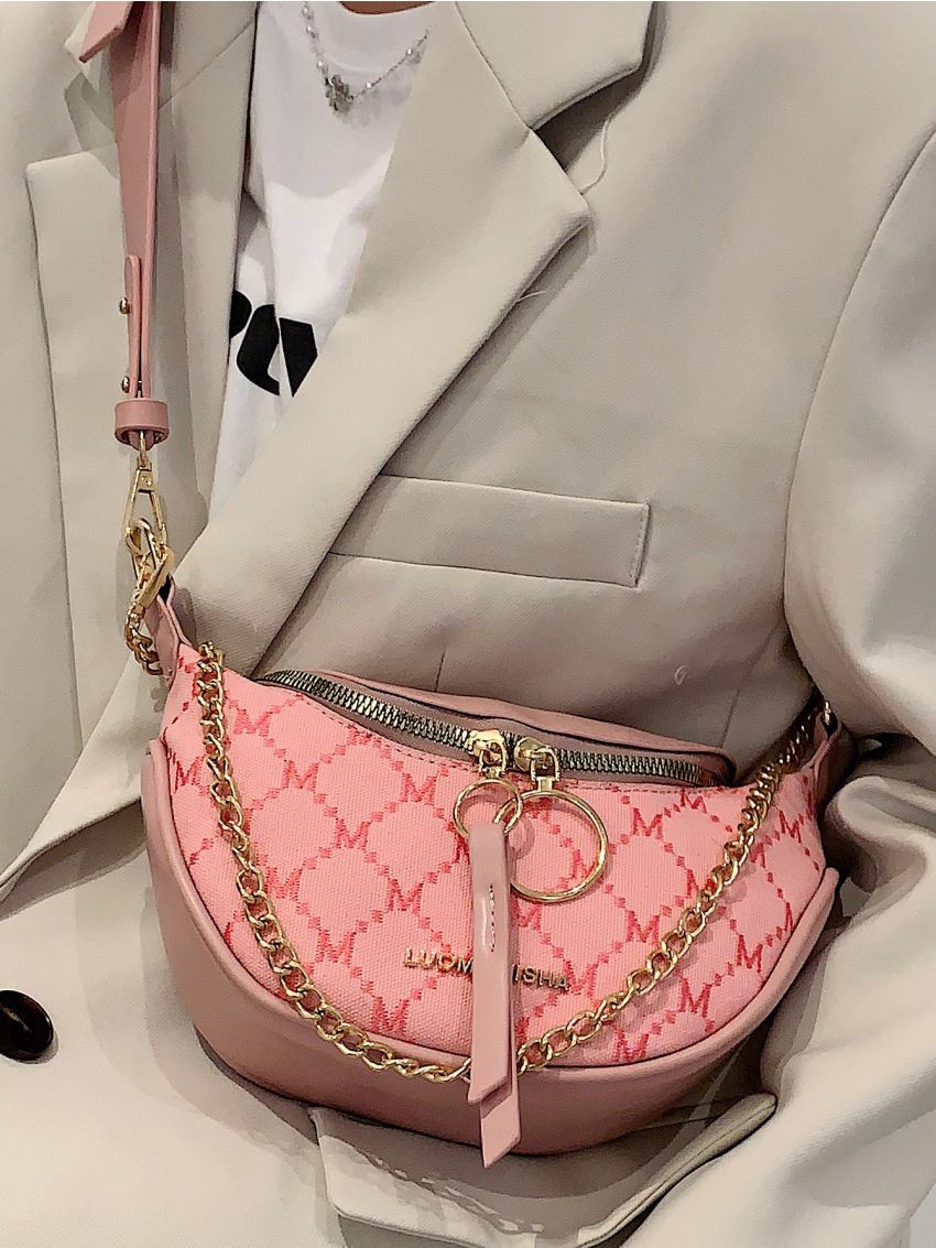 Letter Graphic Double Zipper Shoulder Bag