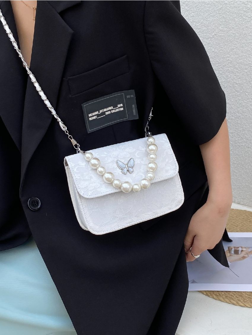 Mini Faux Pearl Decor Flap Satchel Bag