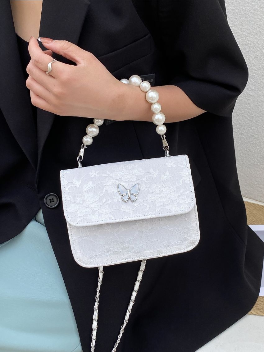 Mini Faux Pearl Decor Flap Satchel Bag