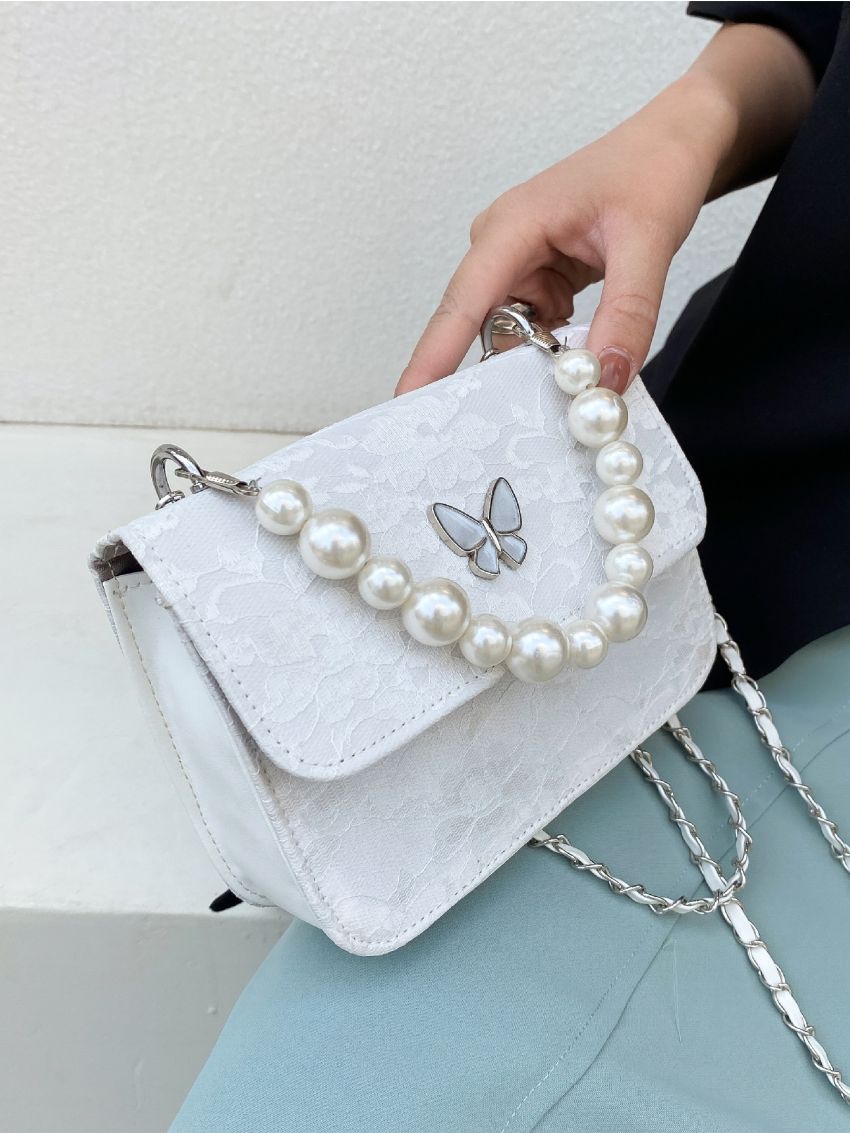 Mini Faux Pearl Decor Flap Satchel Bag