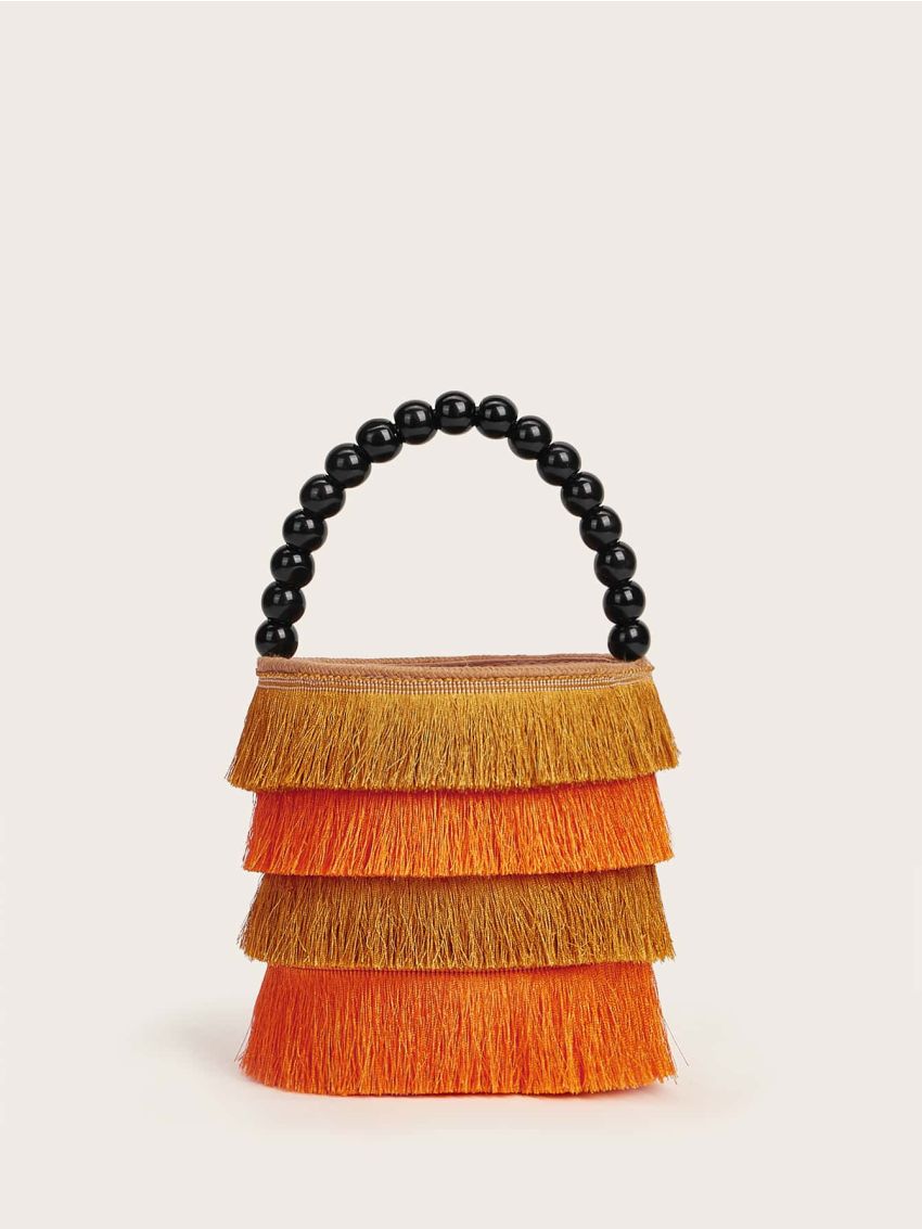 Mini Colorblock Fringe Beaded Decor Drawstring Bucket Bag