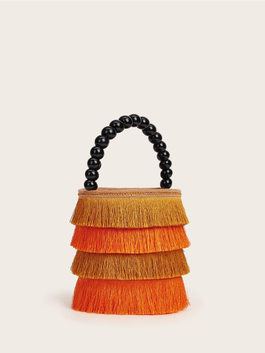 Mini Colorblock Fringe Beaded Decor Drawstring Bucket Bag