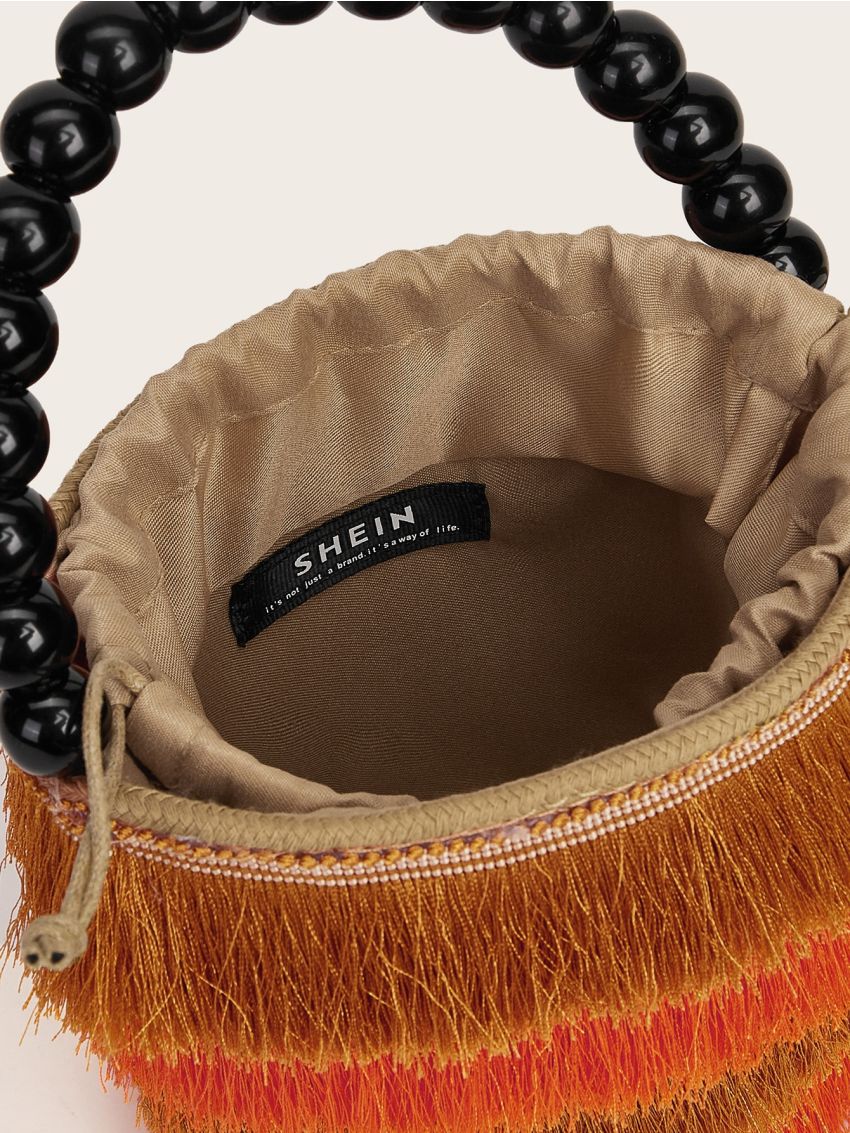 Mini Colorblock Fringe Beaded Decor Drawstring Bucket Bag