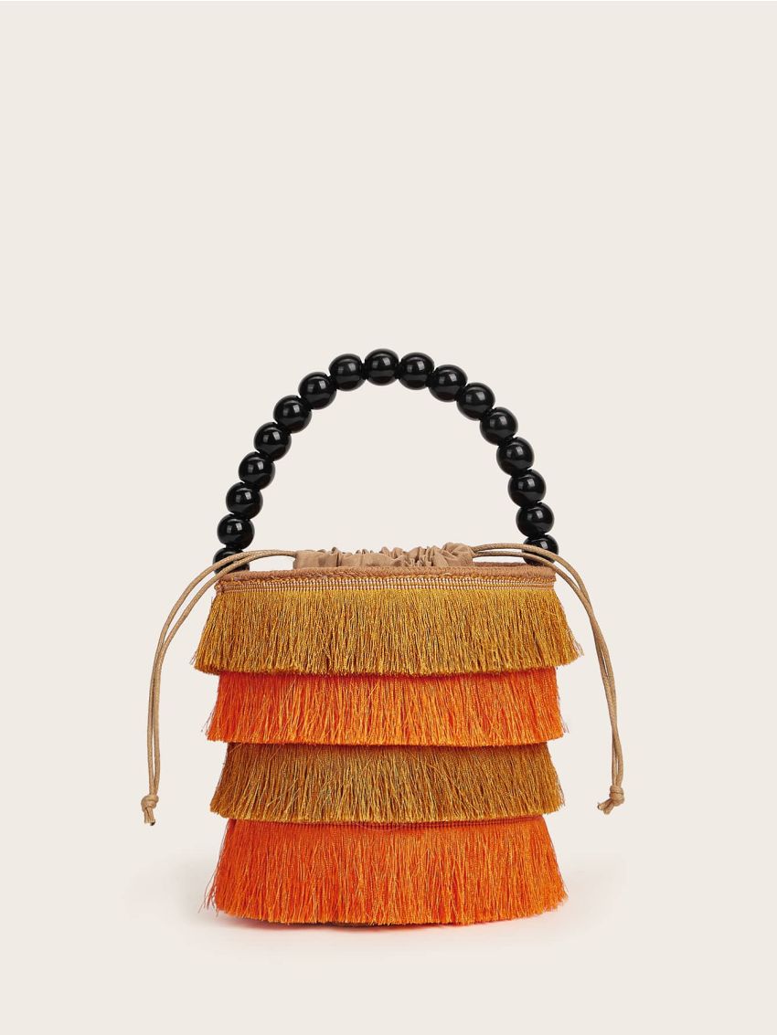 Mini Colorblock Fringe Beaded Decor Drawstring Bucket Bag