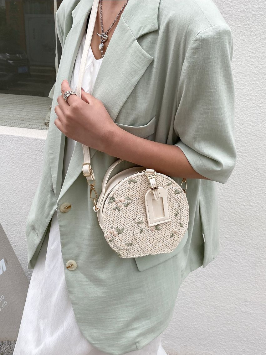 Mini Floral Embroidered Straw Bag
