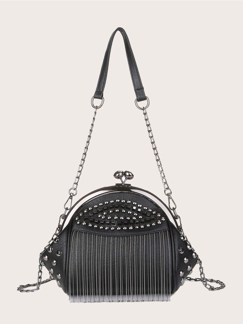 Studded Decor Kiss Lock Chain Bag