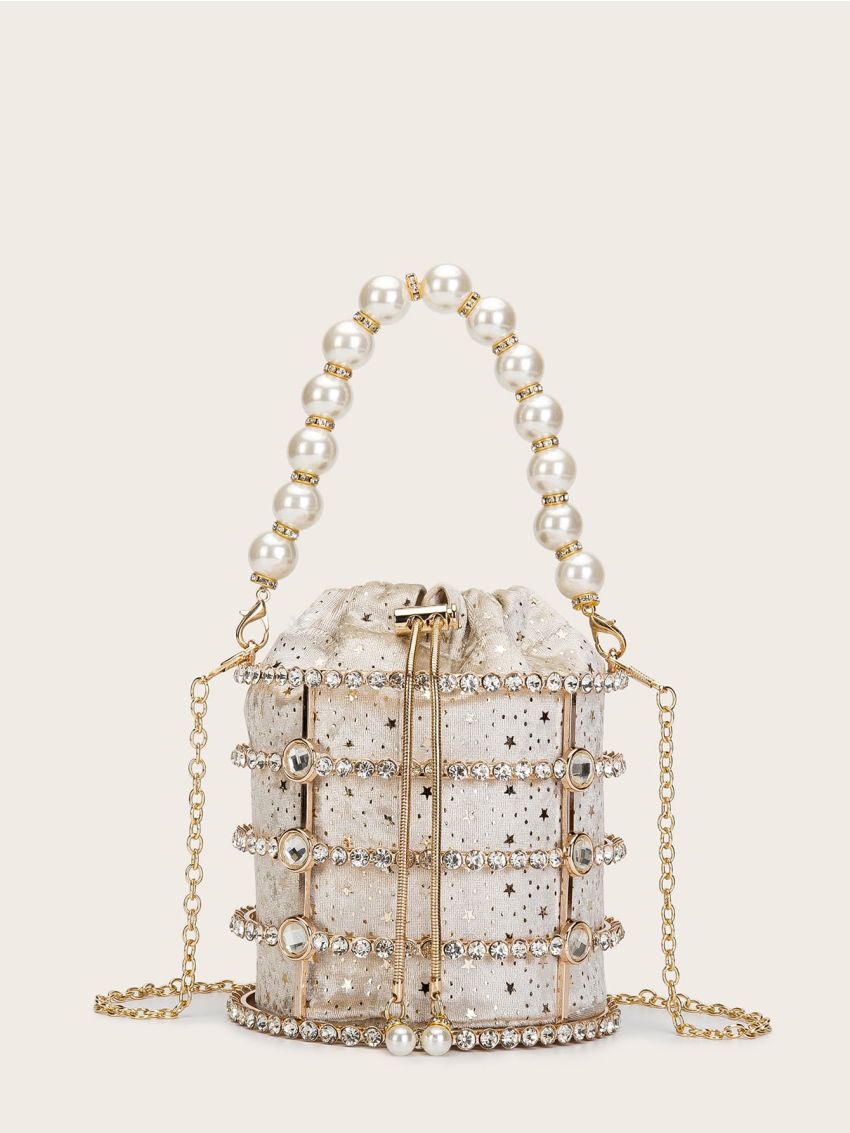 Mini Faux Pearl & Rhinestone Decor Bucket Bag