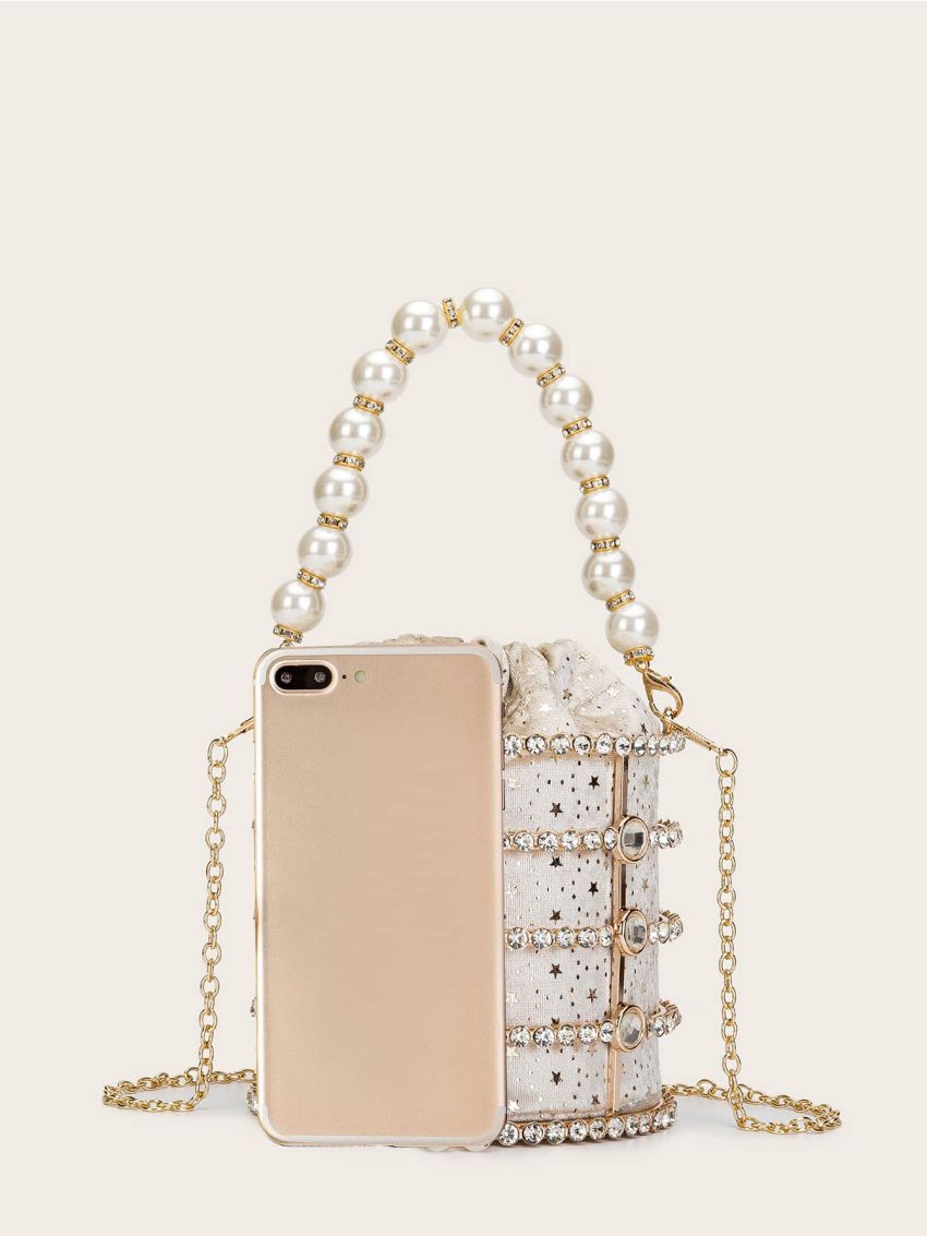 Mini Faux Pearl & Rhinestone Decor Bucket Bag