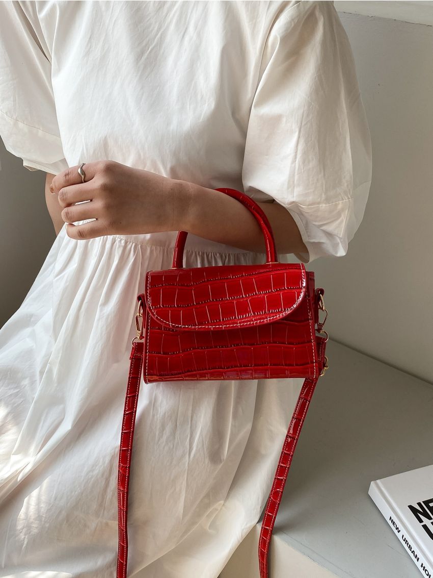 Mini Croc Embossed Top Handle Satchel Bag