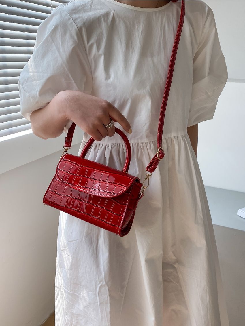 Mini Croc Embossed Top Handle Satchel Bag