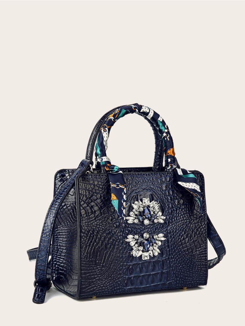 Twilly Scarf & Rhinestone Decor Satchel Bag