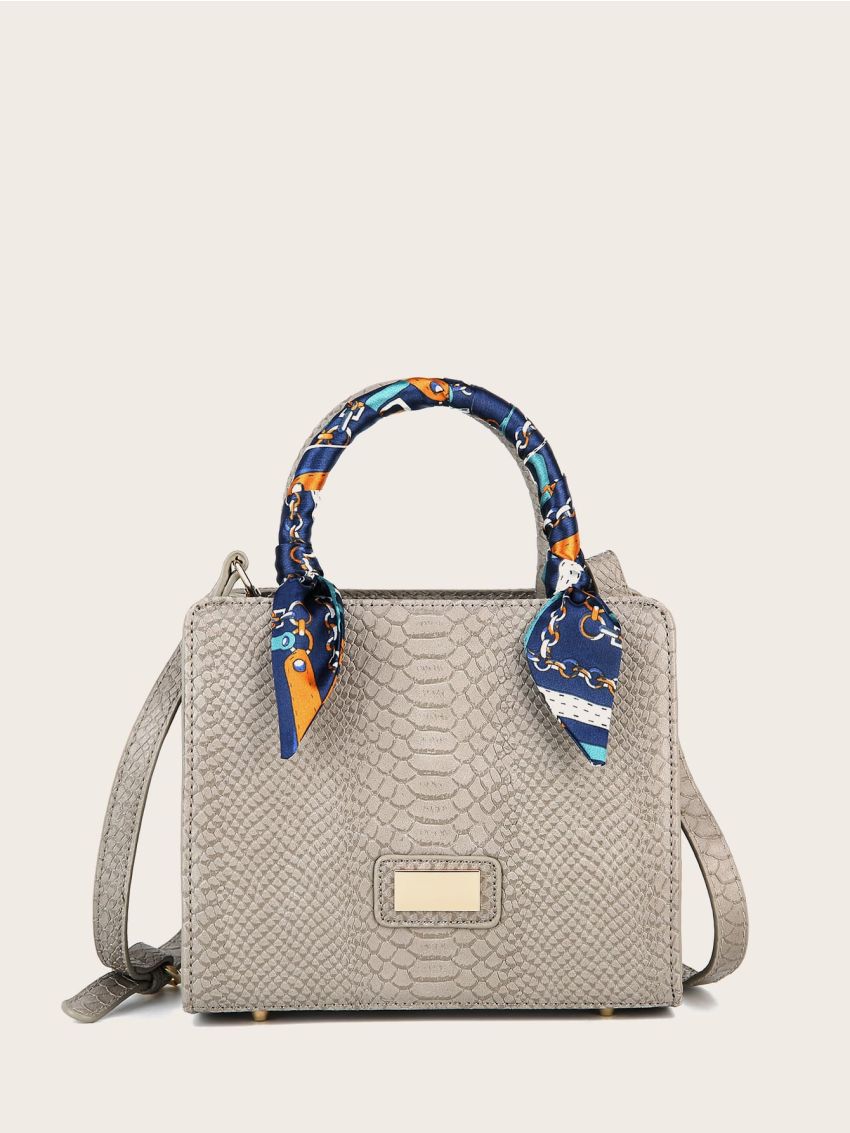 Twilly Scarf Decor Snakeskin Embossed Satchel Bag
