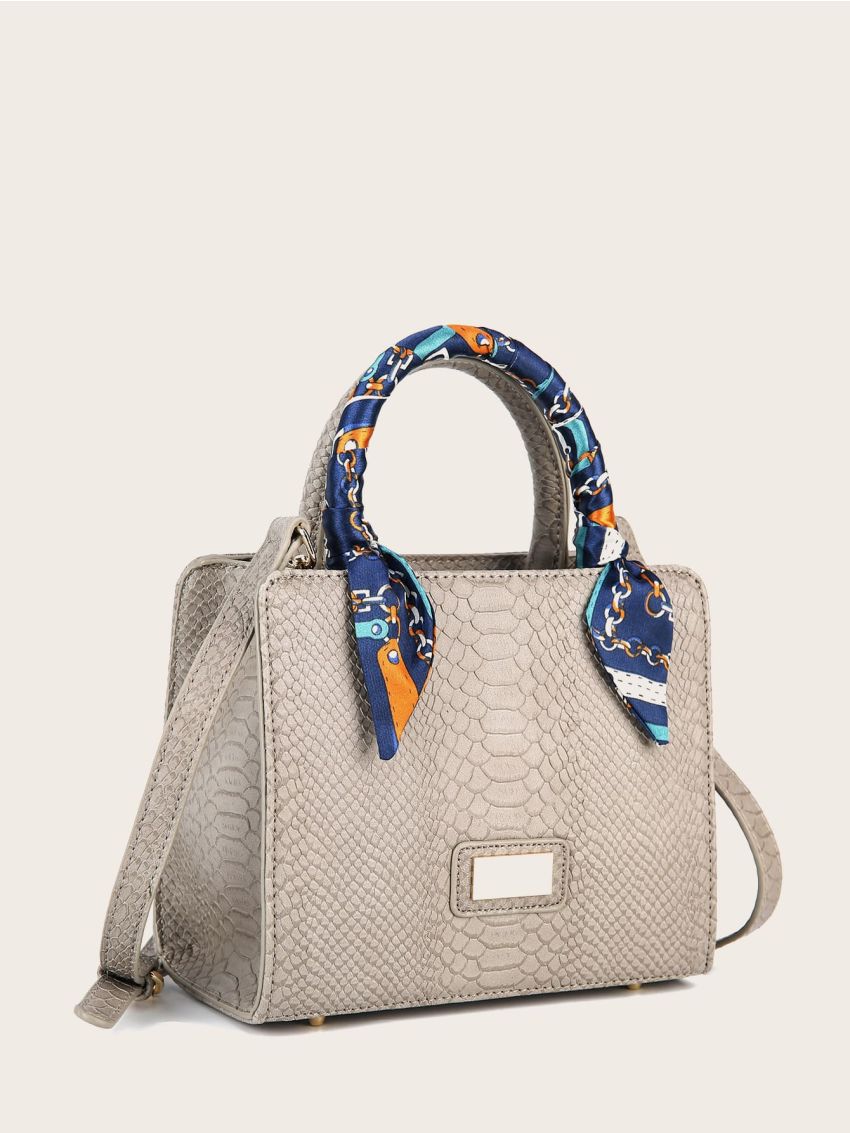 Twilly Scarf Decor Snakeskin Embossed Satchel Bag