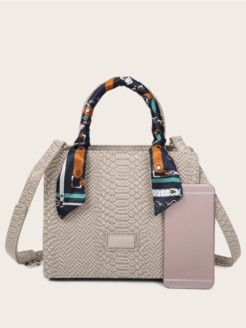 Twilly Scarf Decor Snakeskin Embossed Satchel Bag