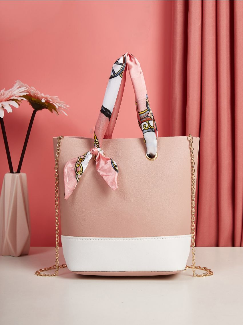 Mini Two Tone Scarf Decor Chain Satchel Bag